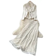 French Style V Neck Lace Top and Midi Skirt Set Elegant Slim Fit Autumn Wear Perfect for Office and Formal Occasions