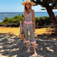 Summer Womens Outfit Set Unique Zipper Halter Neck Backless Top Ruffled Hem Slim Fit 5 Point Pants Casual Wear