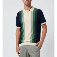 Mens Striped Knitted Polo Shirt Short Sleeve Stand Collar Polyester Available in Red and Green Sizes M to XXXL