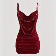 Womens Spring Summer Cross Back Dress Pleated Neckline Chain Detail Elegant Design Perfect for Parties and Events