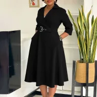 Plus Size Womens Dress Elegant A Line Silhouette Classic Collar Solid Color Autumn Collection