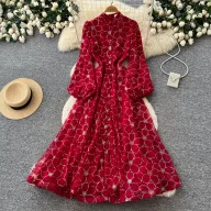 French Romantic Style Lace A Line Dress for Women Stand Collar Lantern Sleeves Waist Defining Elegant Mesh Perfect