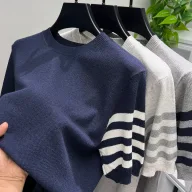 Mens Short Sleeve Striped Knitted T Shirt with Breathable Fabric in Multiple Colors and Sizes