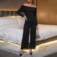 Black Off Shoulder Wide Leg Jumpsuit for Women Casual Fit Long Sleeve Perfect for Spring and Summer