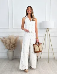 Womens Summer French Style Embroidered Hollow V Neck Tank Top and Wide Leg Pants Set in Multiple Colors Wholesale