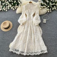 French Court Style Embroidered Lace Dress Puff Sleeves High Neck Waist Tie Elegant Long Dress for Autumn Wholesale