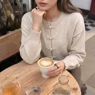 Womens Cardigan Sweater Korean Style Solid Color with Chinese Knot Lightweight for Casual Wear