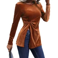 Womens Long Sleeve T Shirt Irregular Split Hem Elegant Velvet Fabric Casual Autumn Winter Wear