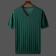 Mens Loose Fit Cotton Knitted Short Sleeve V Neck T Shirt Breathable Summer Top Available in Multiple Colors and Sizes