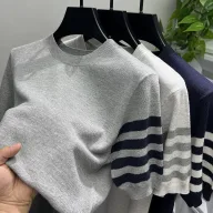 Mens Short Sleeve Striped Knitted T Shirt with Breathable Fabric in Multiple Colors and Sizes