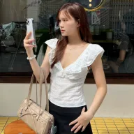 V Neck Ruffle Short Sleeve T Shirt for Women Slim Fit Casual Summer Style Available in White Wholesale