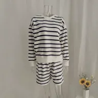 Womens Casual Striped Color Block Sweatshirt Set Loose Fit Long Sleeve Round Neck Top with Shorts Spring Autumn Wholesale