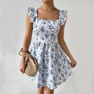 Floral Print Backless Dress Slim Fit Short Sleeve V Neck Summer Style Available in White and Blue Wholesale Low MOQ
