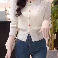 Womens Knitted Sweater Hollow Out Design Round Neck Long Sleeve Soft Fabric Spring Summer Casual Wear Wholesale