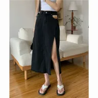 High Slit Denim Skirt for Women Vintage Style Side Split Patchwork Design Casual Summer Wear