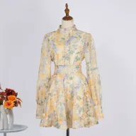 Vintage Floral Print Beaded Lantern Sleeve Top and A Line Skirt Two Piece Set for Women Wholesale Fashion Casual Outfit