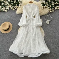 French Romantic Style Lace A Line Dress for Women Stand Collar Lantern Sleeves Waist Defining Elegant Mesh Perfect