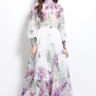Womens Floral Print Two Piece Set Lantern Sleeve Top High Waist Skirt Spring Fashion