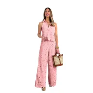 Womens Summer French Style Embroidered Hollow V Neck Tank Top and Wide Leg Pants Set in Multiple Colors Wholesale