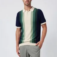 Mens Striped Knitted Polo Shirt Short Sleeve Stand Collar Polyester Available in Red and Green Sizes M to XXXL