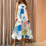 High Waist Polyester Sleeveless Square Collar Dress for Office Lady