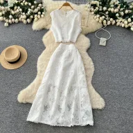 Sleeveless Lace Embroidered Top and High Waist Skirt Set Elegant French Style Autumn Fashion