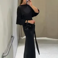 Elegant Black Formal Long Dress with High Waist Long Sleeves Solid Pattern for Special Occasions