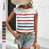 Lace Trim Ruffle Sleeve Striped T Shirt Summer Casual Style Lightweight Fabric Wholesale Available