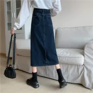 High Waist Denim Skirt for Women Vintage Mid Length Slim Fit with Side Slit Casual Summer Wear
