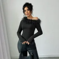 Asymmetrical Hem Long Sleeve T Shirt for Women Feather Patchwork Design Slim Fit Spring Summer Collection