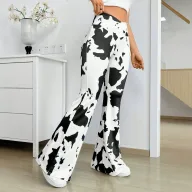 Cow Print High Waist Flare Pants for Women Stretchy Fabric Casual Style Available in Sizes S to XL Wholesale