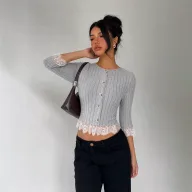 Gray Knit Top for Women Lace Panel Slim Fit Versatile Style Perfect for Casual Wear or Layering Wholesale Available