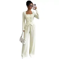 Womens Two Piece Set Square Neckline Double Breasted Top and Wide Leg Pants Casual Office Wear