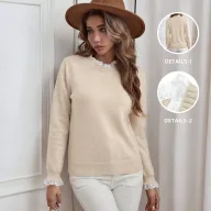 Lace Panel Round Neck Sweater French Style Soft Fabric Solid Color Womens Fashion for Spring Fall Wholesale