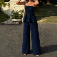 Off Shoulder Crop Top and Wide Leg Pants Set for Women Slim Fit Casual Style Available in Blue Wholesale Sizes S to XL