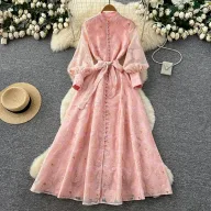 French Romantic Style Embroidered A Line Dress Lantern Sleeves High Collar Waist Defining Elegant Long Dress