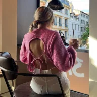 Knit Sweater Round Neck Long Sleeve Sexy Backless Tie Design Short Style Casual Wear for Autumn and Winter
