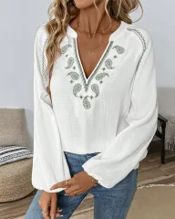 Loose Fit Embroidered V Neck Long Sleeve Shirt for Women Summer Casual Style Available in White Wholesale Options