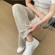 High Waisted Tie Dye Ice Silk Pants Lightweight Casual Straight Leg Trendy Design Summer Wear for Petite Women