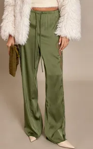 Womens Satin Lace Loose Fitting Floor Length Pants Solid Color Fashionable Elegant Design Perfect for Parties and