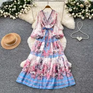 Bohemian Floral Maxi Dress for Women V Neck Long Sleeve Waist Tie A Line Silhouette Elegant Vacation Style