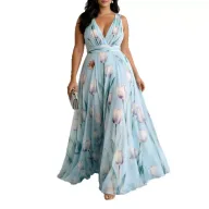 Floral Maxi Dress Casual Loose Fit Waist Defined V Neck Sleeveless Summer Vacation Wear Wholesale Available