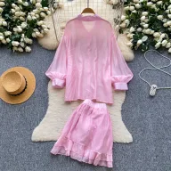 Pink Floral Two Piece Set for Women Elegant Blouse and Skirt Perfect for Early Summer