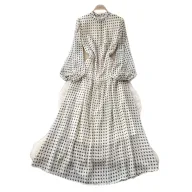 French Style High End Stand Collar Lantern Sleeve Polka Dot Dress Waist Defining Slim Fit Elegant Long Dress Autumn