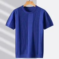 Mens Short Sleeve Striped Wool Knitted T Shirt Fashionable Casual Wear for Fall and Winter