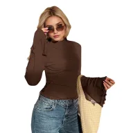 Slim Fit Long Sleeve T Shirt with Ruffle Detail and High Neck in Brown for Women Wholesale Ready to Ship