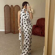 Womens Summer Two Piece Set Polka Dot Print V Neck Sleeveless Top and Midi Skirt Casual Fashion