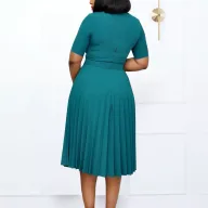 Pleated Midi Dress for Women Round Neckline Plus Size Available Green and Dark Blue Wholesale with Low MOQ