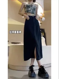 Plus Size Black Denim A Line Skirt with High Waist and Side Slit for Spring Summer Wholesale private label