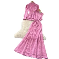 French Style V Neck Lace Top and Dress Set Slim Fit Elegant Design Autumn Wear Wholesale Available